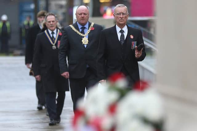 Lord Mayor of Belfast, Cllr Frank McCoubrey, at Belfast City Hall Armistice Day commemoration .
Picture:  Stephen Davison/Pacemaker