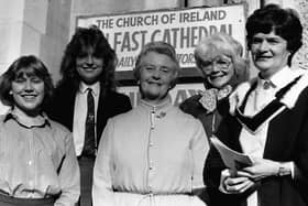 Victoria College head girls Karen Irwin, left, and Fiona Parkes accompanied the board of governors chairwoman Joan Russell, deputy headmistress Dr C J Higginson, and headmistress Brenda Berner at a thanksgiving service which was held by the college in October 1987. Picture: News Letter archives