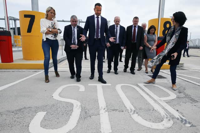 Then Taoiseach Leo Varadkar and European Affairs Minister Helen McEntee (left) with port officials inspect new Brexit infrastructure at Dublin Port in 2019.