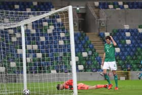 Bailey Peacock-Farrell and Tom Flanagan are dejected after Slovakia's late winner. Pic Stephen Davison/Pacemaker