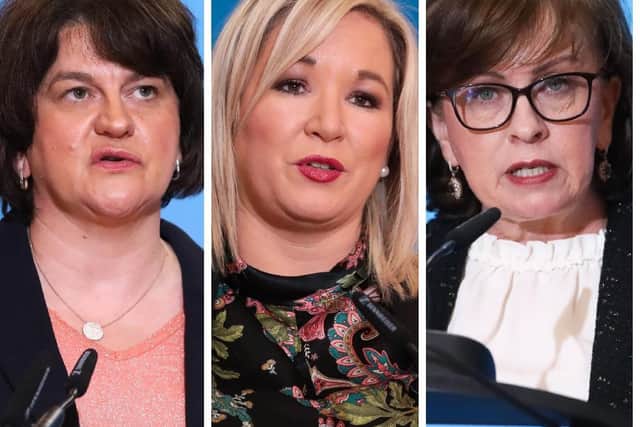 Left to right, First Minister, Arlene Foster, deputy First Minister, Michelle O'Neill and Economy Minister Diane Dodds.