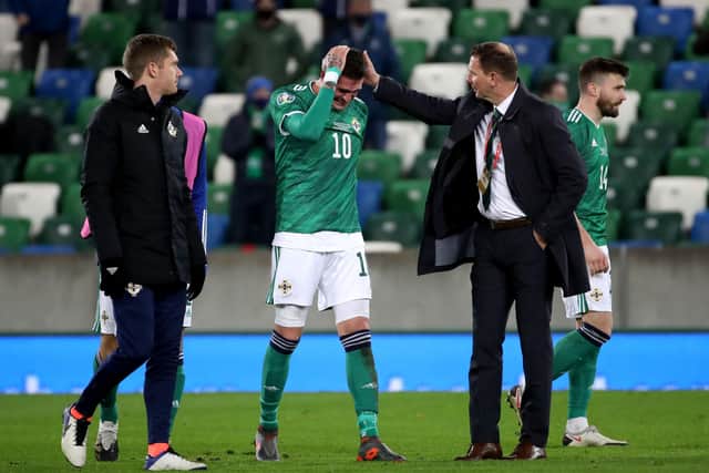 Northern Ireland's Kyle Lafferty is inconsolable at the final whistle after a very difficult week personally and the team missing out on qualifying for the UEFA Euro 2020 tournament.   Photo by William Cherry/Presseye
