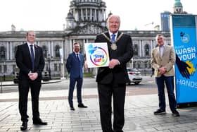 With Lord Mayor of Belfast Alderman Frank McCoubrey is Junior Minister Gordon Lyons, Simon Hamilton, Chief Executive Belfast Chamber, and Junior Minister Declan Kearney as they encourage people to shop safely and support local retailers in the run up to Christmas