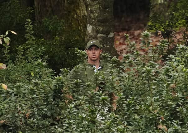Rory McIlroy looks for his ball in the bushes on the 13th hole during the first round of the Masters. Pic by AP.