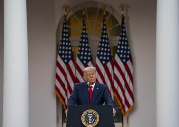 President Donald Trump speaks in the Rose Garden of the White House, Friday, Nov. 13, 2020, in Washington. He still was not conceding defeat (AP Photo/Evan Vucci)