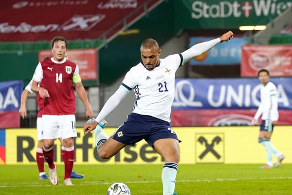 Northern Ireland’s Josh Magennis fires home the opening goal in Austria. Pic by PA.
