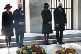 From left, The Duchess of Cornwall, The Prince of Wales, Elke Buedenbender and her husband, President Frank-Walter Steinmeier at the Neue Wache Central Memorial in Berlin, Germany, to commemorate the National Day of Mourning. PA Photo. Pic: Jonathan Brady/PA Wire