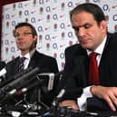 Martin Johnson, (R) announces his resignation as he faces the media watched by RFU director of Elite Rugby Rob Andrew on November 16, 2011 in Twickenham, England.  (Photo by David Rogers/Getty Images).