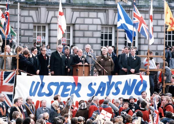 Unionist MPs protest in Belfast against the 1985 Anglo Irish Agreement. They all resigned and called by elections, but ended up losing one of their seats