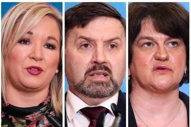 Deputy First Minister, Michelle O'Neill (left), Health Minister, Robin Swann and First Minister Arlene Foster.