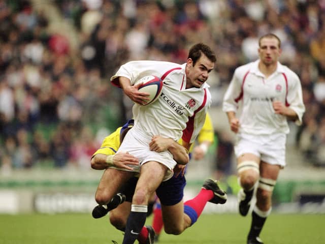 England debutant Charlie Hodgson takes on the Romania defence at Twickenham in 2001. Picture: Ross Kinnaird /Allsport.