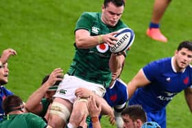 Ireland's James Ryan catches the ball in a lineout during the Six Nations game against France and Ireland at the stade de France, in Saint Denis.  (Photo by FRANCK FIFE/AFP via Getty Images).