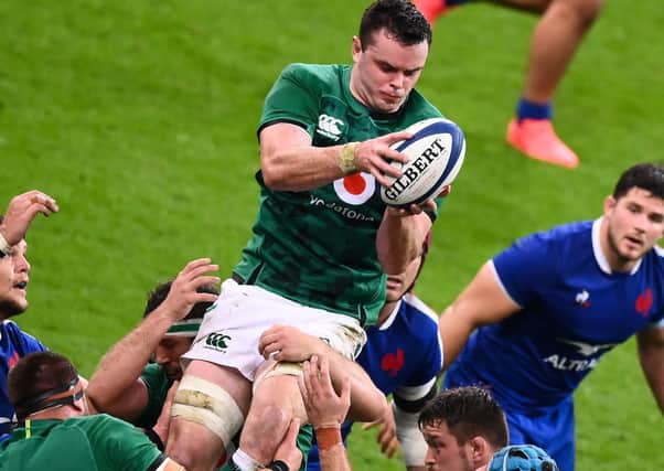 Ireland's James Ryan catches the ball in a lineout during the Six Nations game against France and Ireland at the stade de France, in Saint Denis.  (Photo by FRANCK FIFE/AFP via Getty Images).