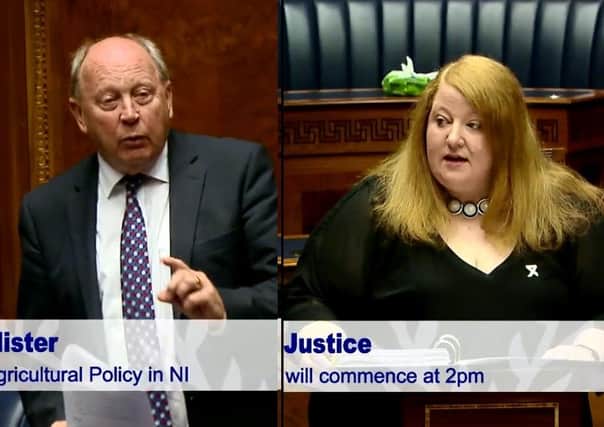 Jim Allister and Naomi Long during the debate at Stormont on Tuesday