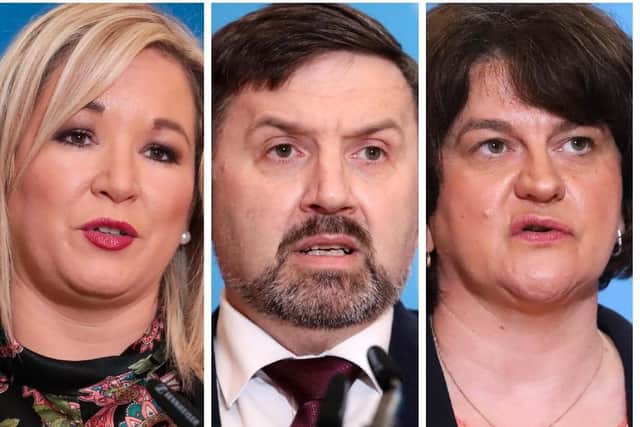 Left to right, deputy First Minister, Michelle O'Neill, Health Minister Robin Swann and First Minister Arlene Foster.