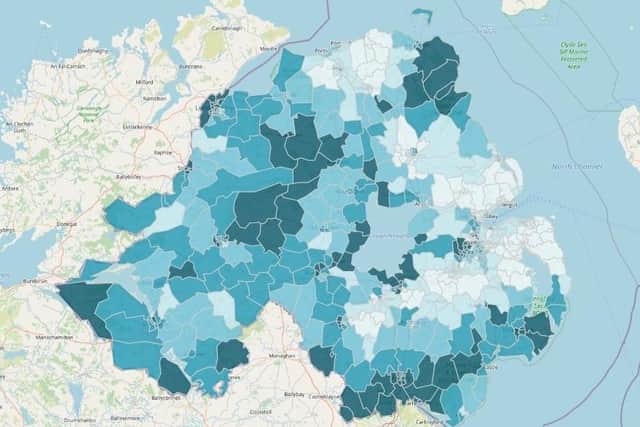 The Catholic/Protestant split across NI (the lighter the area, the fewer the Catholics, the darker the area, the more the Catholics)