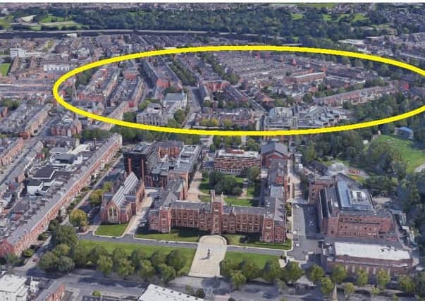 The main Holylands district ringed in yellow (seen from QUB campus, in the foreground). Pic c/o Google Maps