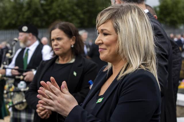 Deputy First Minister Michelle O'Neill, right, with Sinn Fein president Mary Lou McDonald, left, during the funeral of the senior IRA terrorist Bobby Storey in west Belfast in June 30 2020