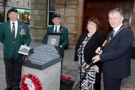 The Mayor of Causeway Coast and Glens Borough Council Alderman Mark Fielding and his wife Phyllis pictured at a presentation held in the Diamond, Coleraine to mark the 50th anniversary of the formation of the UDR Regiment along with Ian Davidson and Alan Campbell