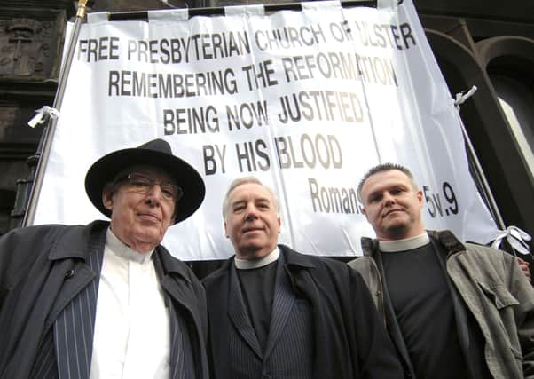Lord Bannside the Rev Ian Paisley with Free Presbyterian Church moderator Ron Johnstone and Rev Ian Brown pictured in 2010