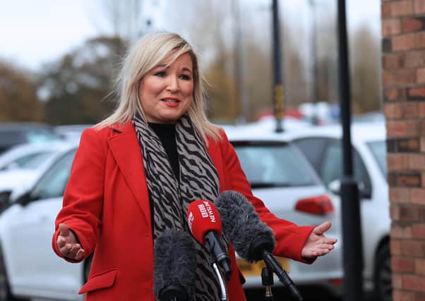 Michelle O’Neill speaking to journalists in a car park in Coalisland this morning