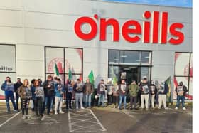 Saoradh protesters at the O'Neills sportwear factory in Strabane on Saturday afternoon. Saoradh Facebook image