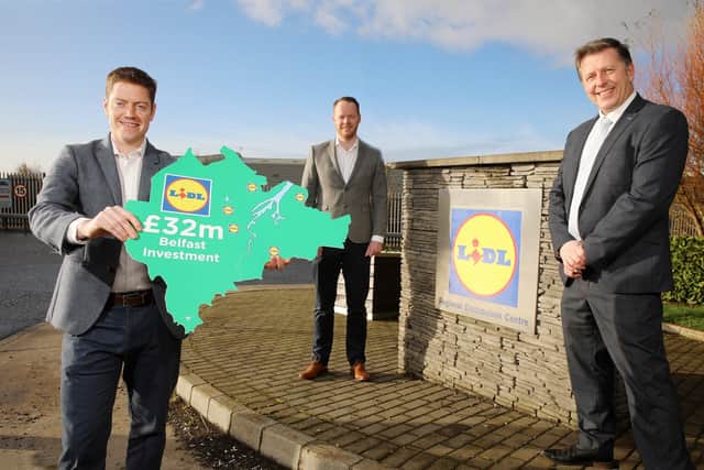 Pictured welcoming the announcement at Lidl Northern Irelands Regional Distribution Centre in Nutts Corner, Antrim, is Alan Barry, Executive Director and Director of Property & Construction at Lidl Ireland and Northern Ireland, Conor Boyle, Regional Director of Lidl Northern Ireland and Drew McIvor, Food Business Development Manager at Invest Northern Ireland