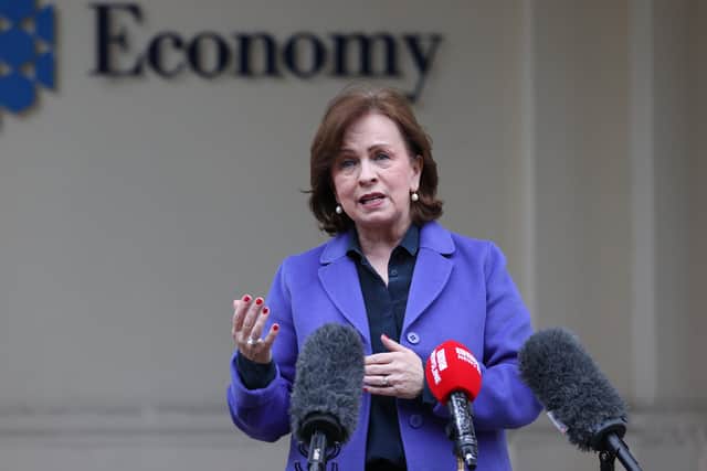 Stormont Economy Minister Diane Dodds speaks to the media during a press conference at the Department for the Economy, Netherleigh, Belfast