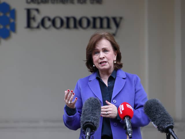 Stormont Economy Minister Diane Dodds speaks to the media during a press conference at the Department for the Economy, Netherleigh, Belfast