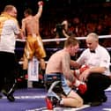 Ricky Hatton of Great Britain fails to get up after being knocked down by Vyacheslav Senchenko of Ukraine during their Welterweight bout at the MEN Arena on November 24, 2012 in Manchester.  (Photo by Scott Heavey/Getty Images).