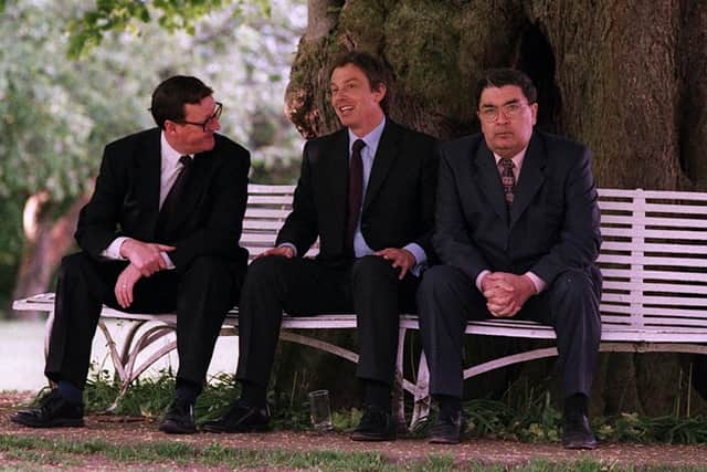 David Trimble, Tony Blair and John Hume take a break during negotiations for the 1998 Good Friday Agreement