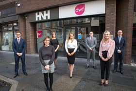 Pictured outside DWF’s office in Belfast’s Queen Street are Ben Palmer (Trainee Solicitor), Kerry Murphy (Trainee Solicitor), Rebecca Polley (Newly Qualified Solicitor), Beth Garrett (Newly Qualified Solicitor)  , Paul Stelges (Trainee Solicitor), Emma McCammon (Trainee Solicitor)  and James McKittrick (Trainee Solicitor)