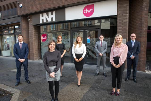 Pictured outside DWF’s office in Belfast’s Queen Street are Ben Palmer (Trainee Solicitor), Kerry Murphy (Trainee Solicitor), Rebecca Polley (Newly Qualified Solicitor), Beth Garrett (Newly Qualified Solicitor) , Paul Stelges (Trainee Solicitor), Emma McCammon (Trainee Solicitor) and James McKittrick (Trainee Solicitor)