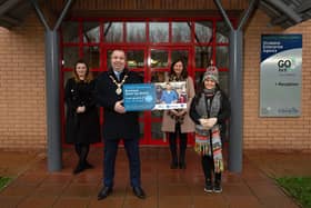 Derry City & Strabane District Council Mayor Brian Tierney pictured at the launch of the Business Start Up Grant. The Mayor is joined at the launch by Claire Costello, Enterprise North West, Orla McNulty, Business Advisor, Strabane Enterprise, and Sharon Walker, Budget Balloons