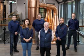 Mark Bryson, Guy Munton, Matthew Patterson and Emma Millar, Dr Terry Cross OBE and Aaron Flaherty, Chairman of Hinch Distillery Dr Terry Cross OBE and his team