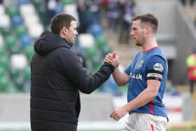 Linfield manager David Healy with his captain Jamie Mulgrew.  Photo by David Maginnis/Pacemaker Press