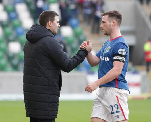 Linfield manager David Healy with his captain Jamie Mulgrew.  Photo by David Maginnis/Pacemaker Press