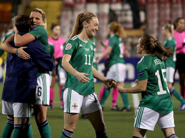 Northern Ireland Women following victory over Belarus. Pic by PressEye Ltd.