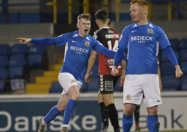 Peter Campbell celebrates moving Glenavon into a 2-1 lead over Crusaders on Saturday. Pic by PressEye Ltd.