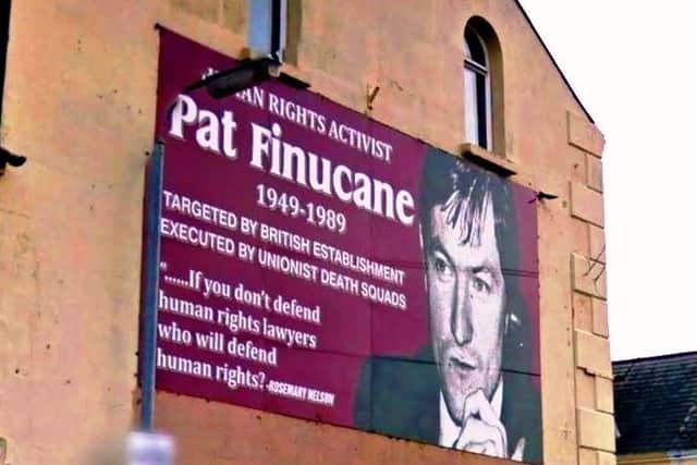 A hoarding concerning Pat Finucane on the Falls Road, west Belfast
