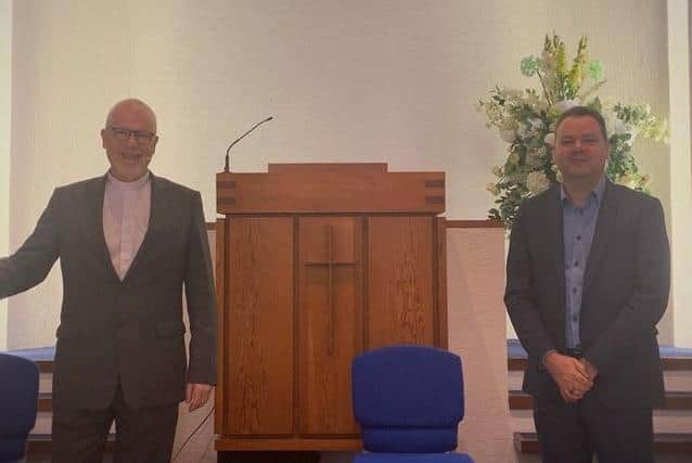 Presbyterian Moderator Rev David Bruce (left) with Abbey Presbyterian Church minister Rev Alan Carson.