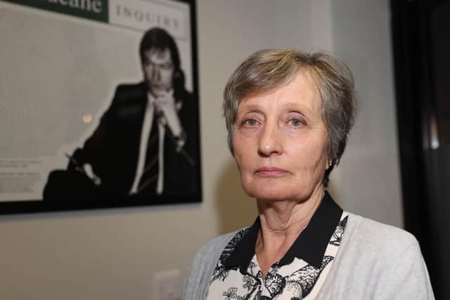 Geraldine Finucane, the widow of murdered solicitor Pat Finucane at the office of Finucane Toner in Belfast, Pat Finucane's son John, said the failure of the British Government to establish a public inquiry into his death was "insulting".