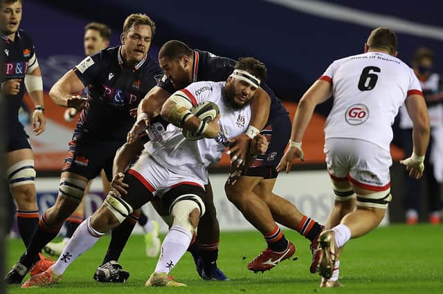 Marcell Coetzee of Ulster is tackled by David Cherry of Edinburgh Rugby during the Guinness PRO14 match between Edinburgh and Ulster at Murrayfield. (Photo by Ian MacNicol/Getty Images)