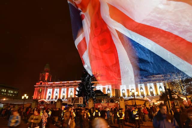 Loyalist protesters have gathered at Belfast City Hall on the anniversary of a council decision to limit the flying of the Union flag.
Picture By: Arthur Allison.