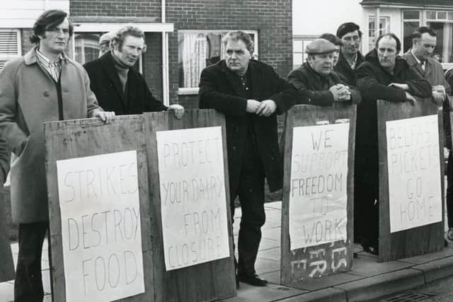 Farmers from the Ards area picketing the entrance to the Northern Ireland Dairies in Bangor in January 1975 in protest against a workers picket line stopping milk supplies entering the dairy. Picture: News Letter archives