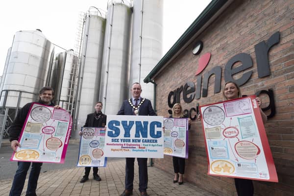 Pictured officially launching the SYNC project with Chair of Mid Ulster District Council, Councillor Cathal Mallaghan are Colin Conway, Newell Stores, Jack White and Anne-Louise Brennan, St Joseph’s College, Coalisland, and Aileen Byrne, Greiner Packaging
