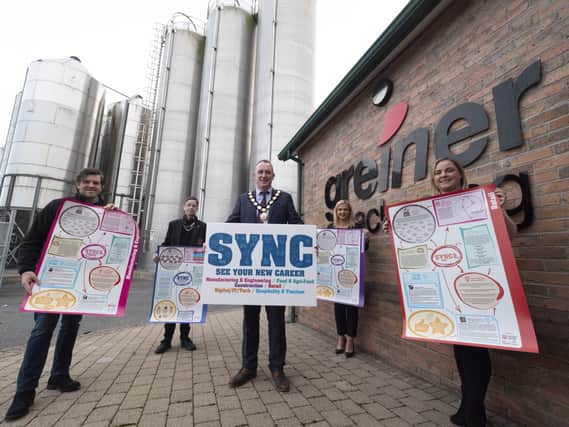Pictured officially launching the SYNC project with Chair of Mid Ulster District Council, Councillor Cathal Mallaghan are Colin Conway, Newell Stores, Jack White and Anne-Louise Brennan, St Joseph’s College, Coalisland, and Aileen Byrne, Greiner Packaging