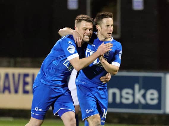 Dungannon Swifts’ Michael Carville celebrates his goal