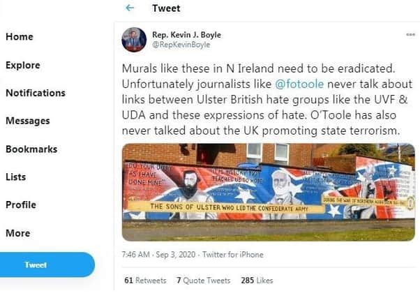 A Tweet from Kevin Boyle earlier this year, criticising a mural which celebrates the Ulster connections of Confederate figures (the Confederacy was the southern, slavery-supporting side of the US Civil War of the 1860s)