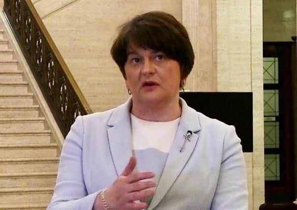 First Minister Arlene Foster speaking to the media in the Great Hall of Parliament Buildings, Stormont, Belfast.